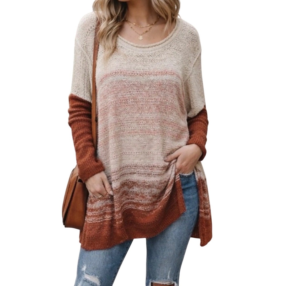Free People Oversized Ombre Knit Sweater Red Cream Boho Slouchy Peasant - XS/S